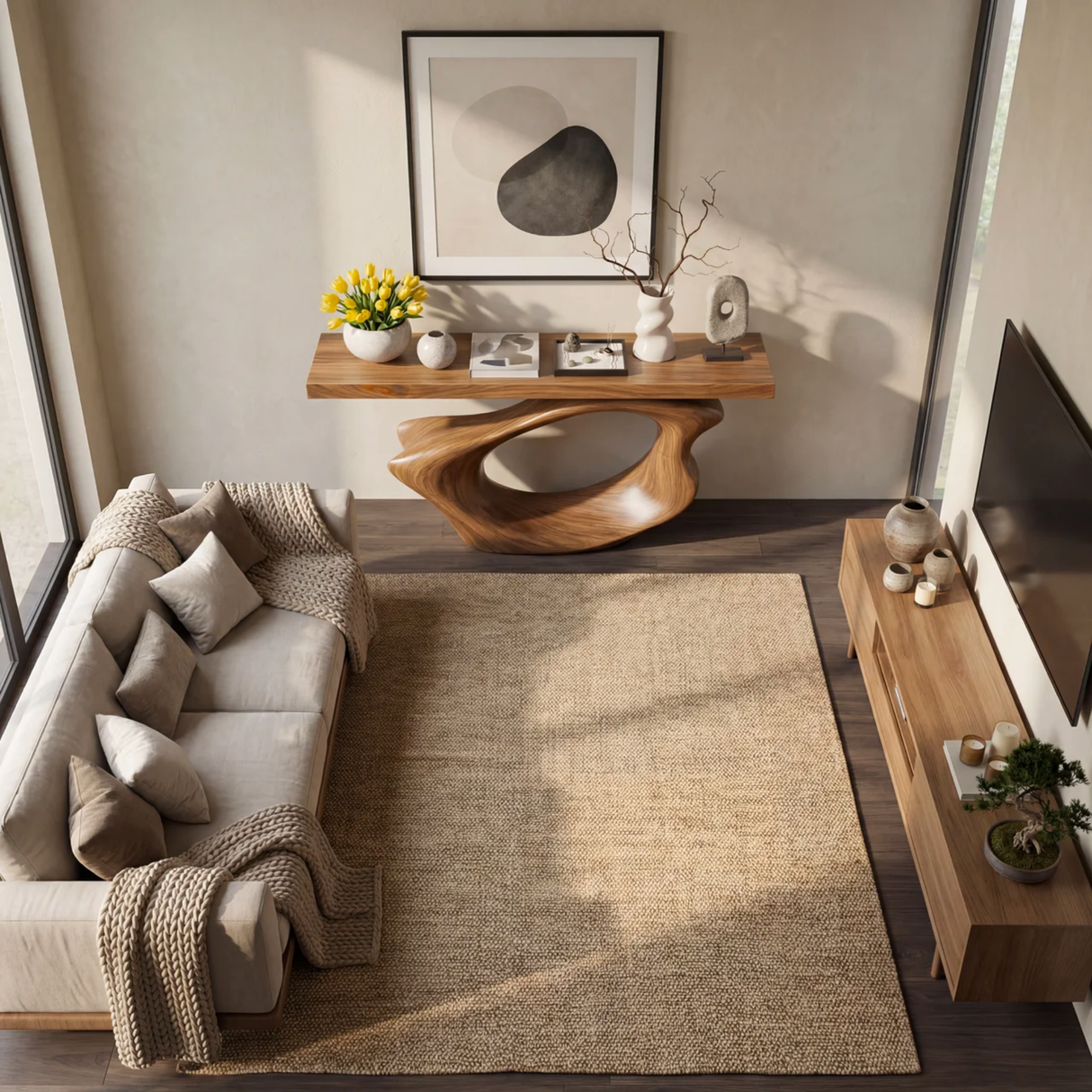 Wave Arch Sculptural Solid Wood Console Table with Hollow Asymmetric Base