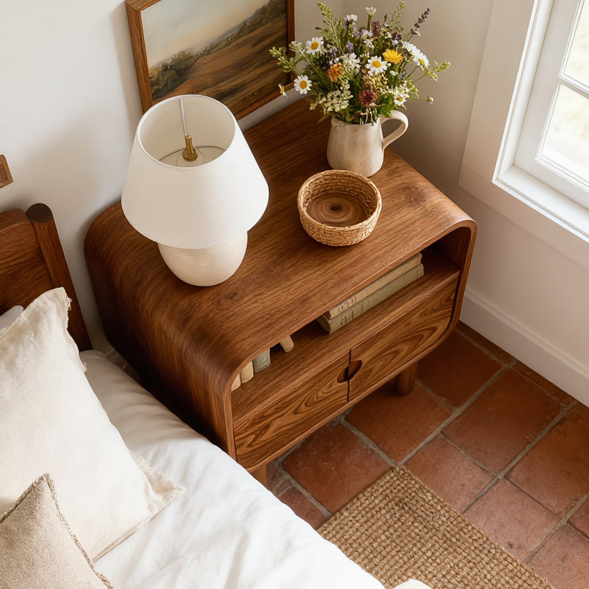 Solid Wood Nightstand with Double Door Storage and Open Shelf for Bedroom