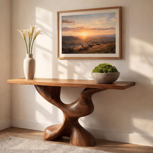 Pedestal Twist Sculptural Solid Wood Console Table