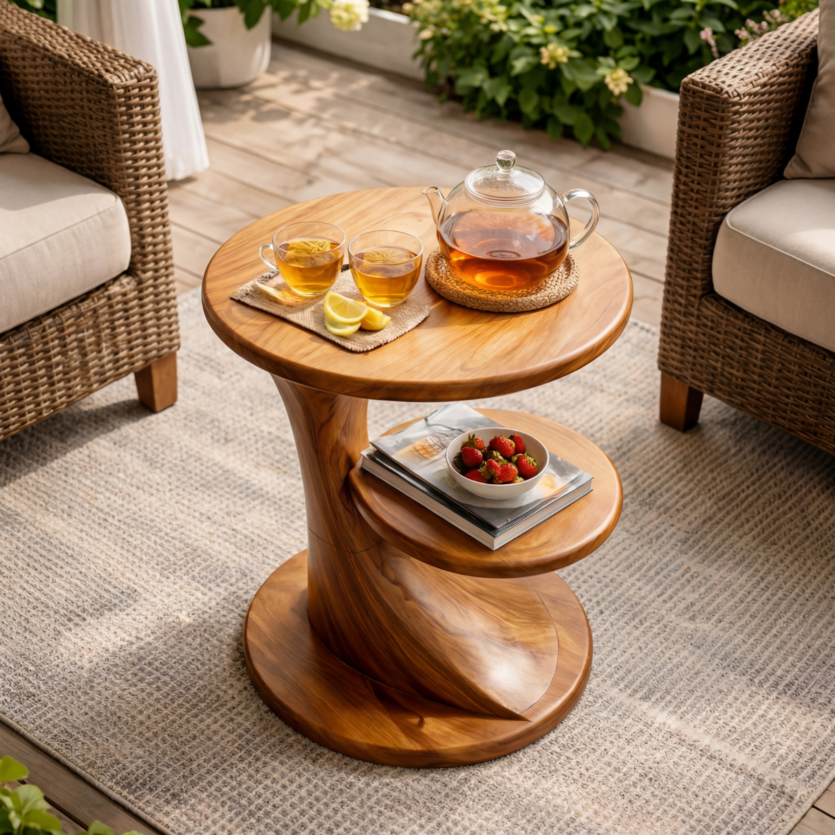 Modern Sculptural Two Tier Solid Wood Side Table for Living Room Interior Decor
