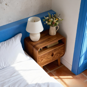 Solid Wood Nightstand with Double Door Storage and Open Shelf for Bedroom