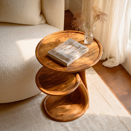 Sculptural Two Tier Solid Wood Side Table for Living Room Use