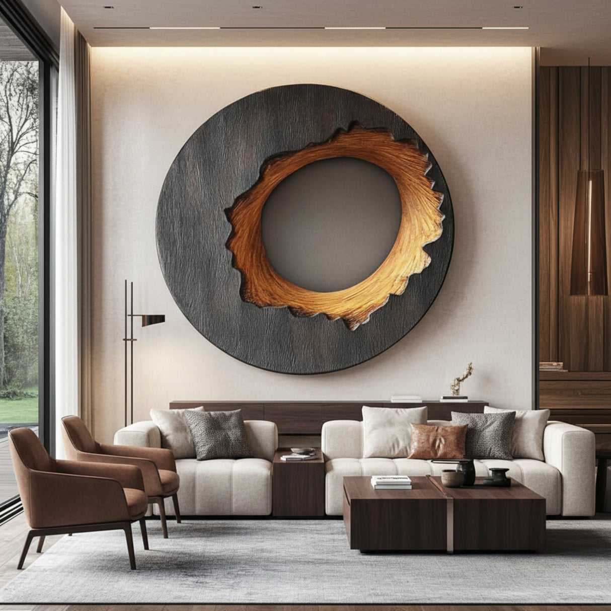 Round Solid Wood Wall Sculpture for Contemporary Living Spaces