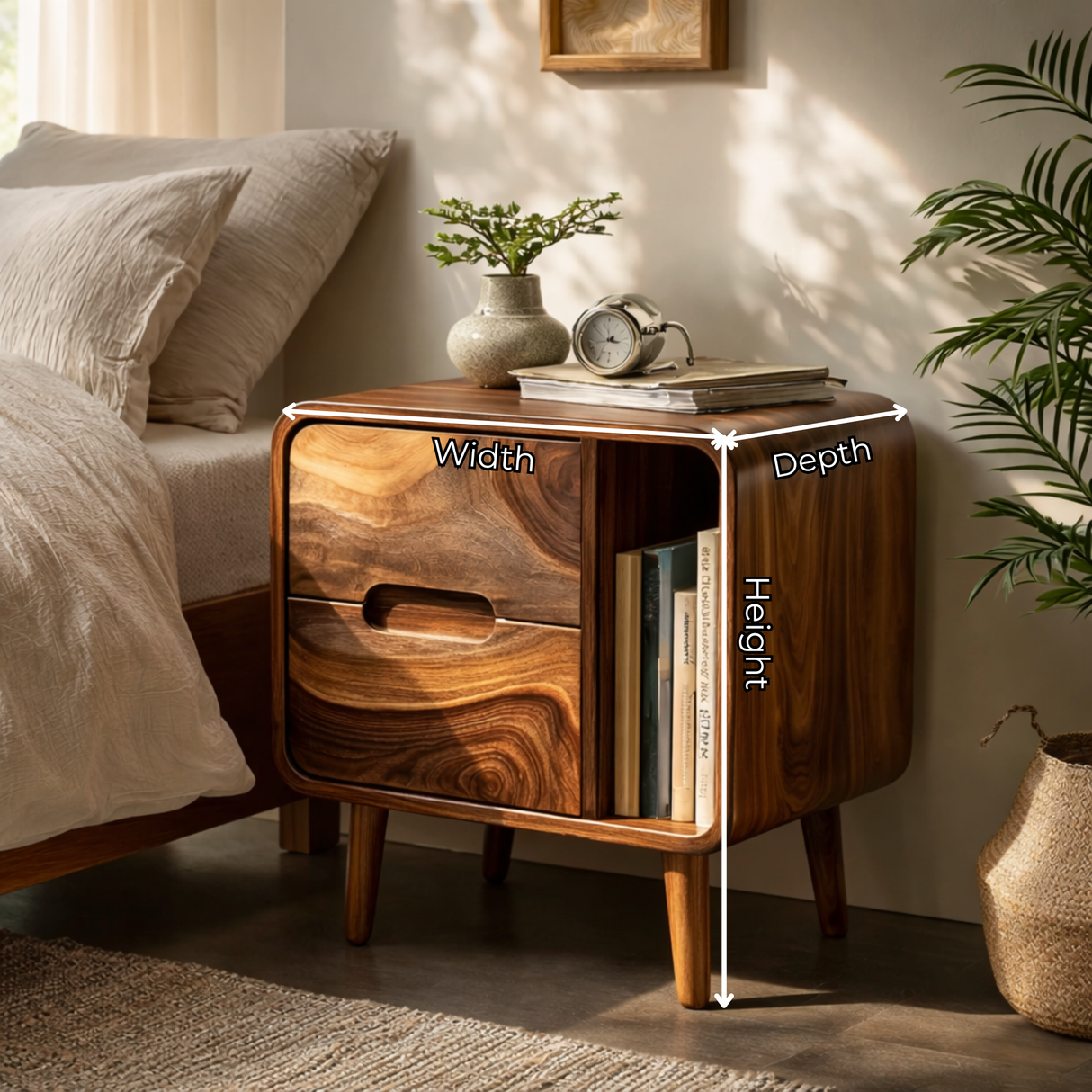 Handcrafted Solid Wood Nightstand with Drawer and Open Book Shelf for Bedroom