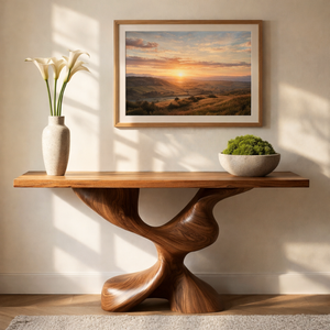 Pedestal Twist Sculptural Solid Wood Console Table