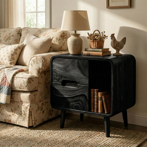 Handcrafted Solid Wood Nightstand with Drawer and Open Book Shelf for Bedroom
