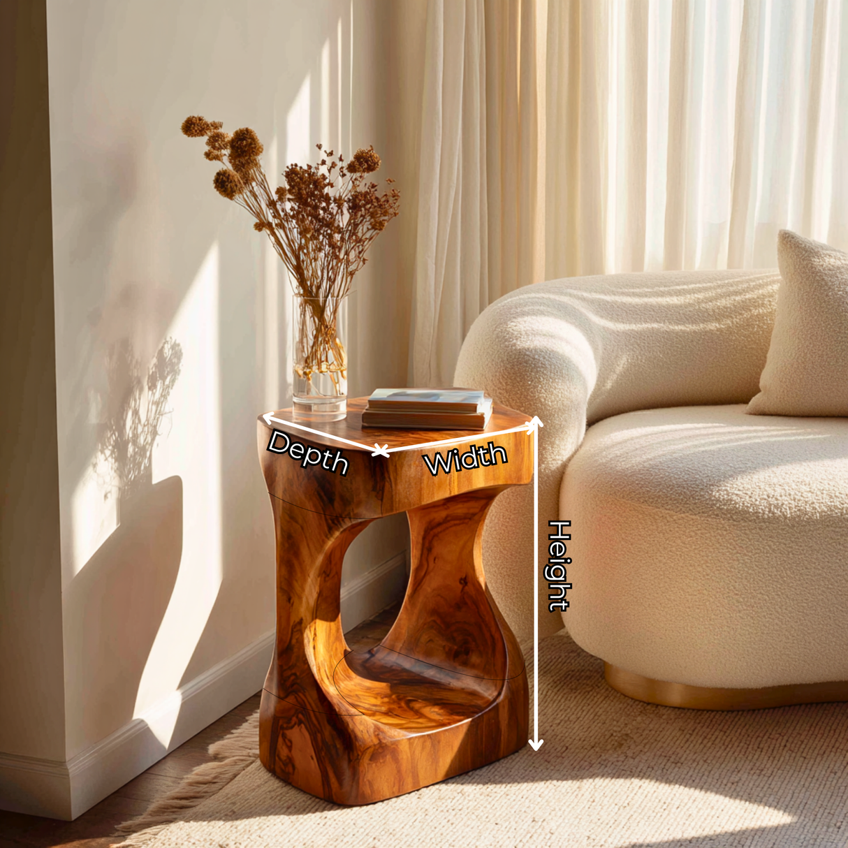 Modern Sculptural Solid Wood Side Table with Curved Base