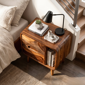 Handcrafted Solid Wood Nightstand with Drawer and Open Book Shelf for Bedroom