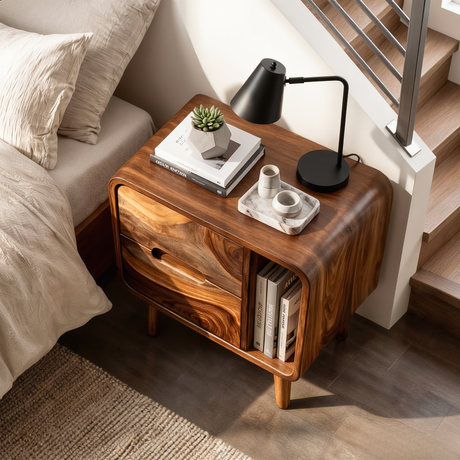 Handcrafted Solid Wood Nightstand with Drawer and Open Book Shelf for Bedroom