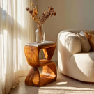 S-Form Sculpted Solid Wood Accent Side Table for Living Room Decor