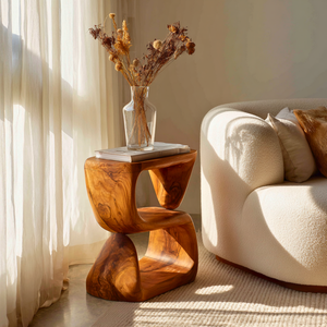 S-Form Sculpted Solid Wood Accent Side Table for Living Room Decor
