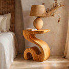 Handcrafted Solid Wood Bedside Table for Lamp with Sculptural Curved Base