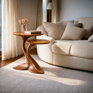 Sculptural Twin Tier Solid Wood Side Table with Whale Tail Base for Living Room