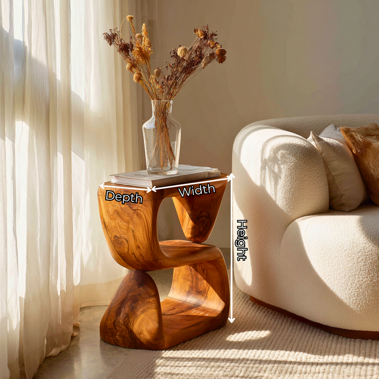S-Form Sculpted Solid Wood Accent Side Table for Living Room Decor