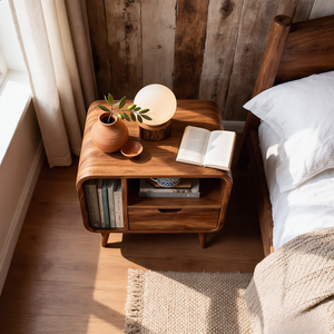 Solid Wood Nightstand with Drawer and Open Side Storage for Bedroom
