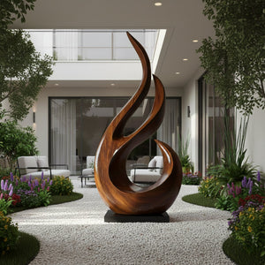 Tall Flame Inspired Solid Wood Floor Sculpture for Modern Living Spaces