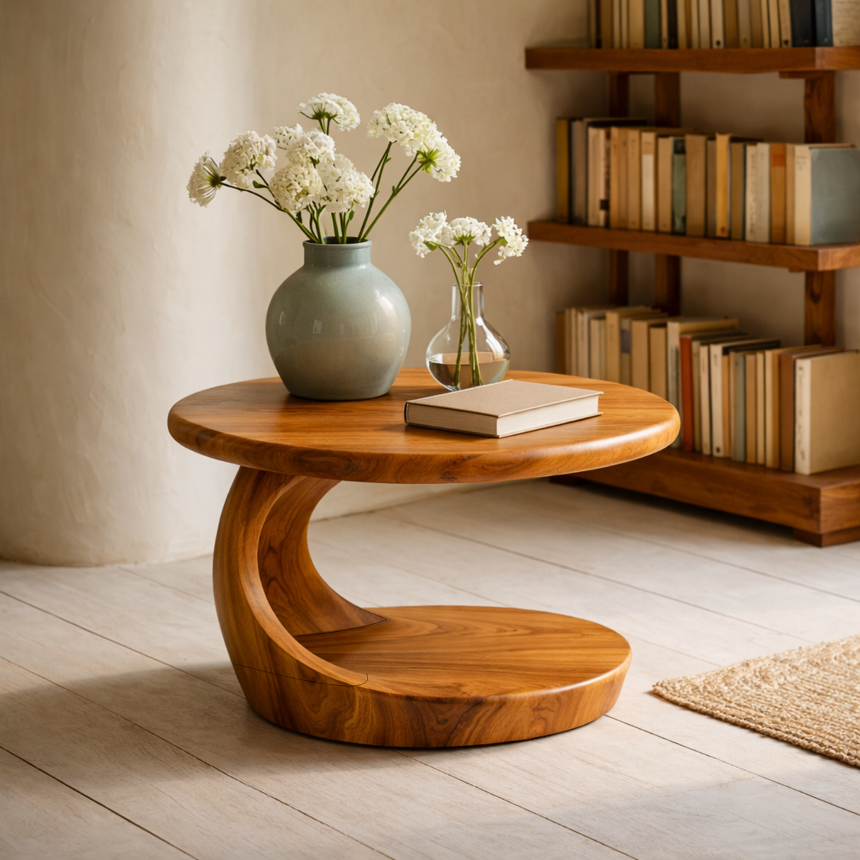 Round Sculptural Solid Wood Side Table for Living Room Decor