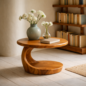 Round Sculptural Solid Wood Side Table for Living Room Decor