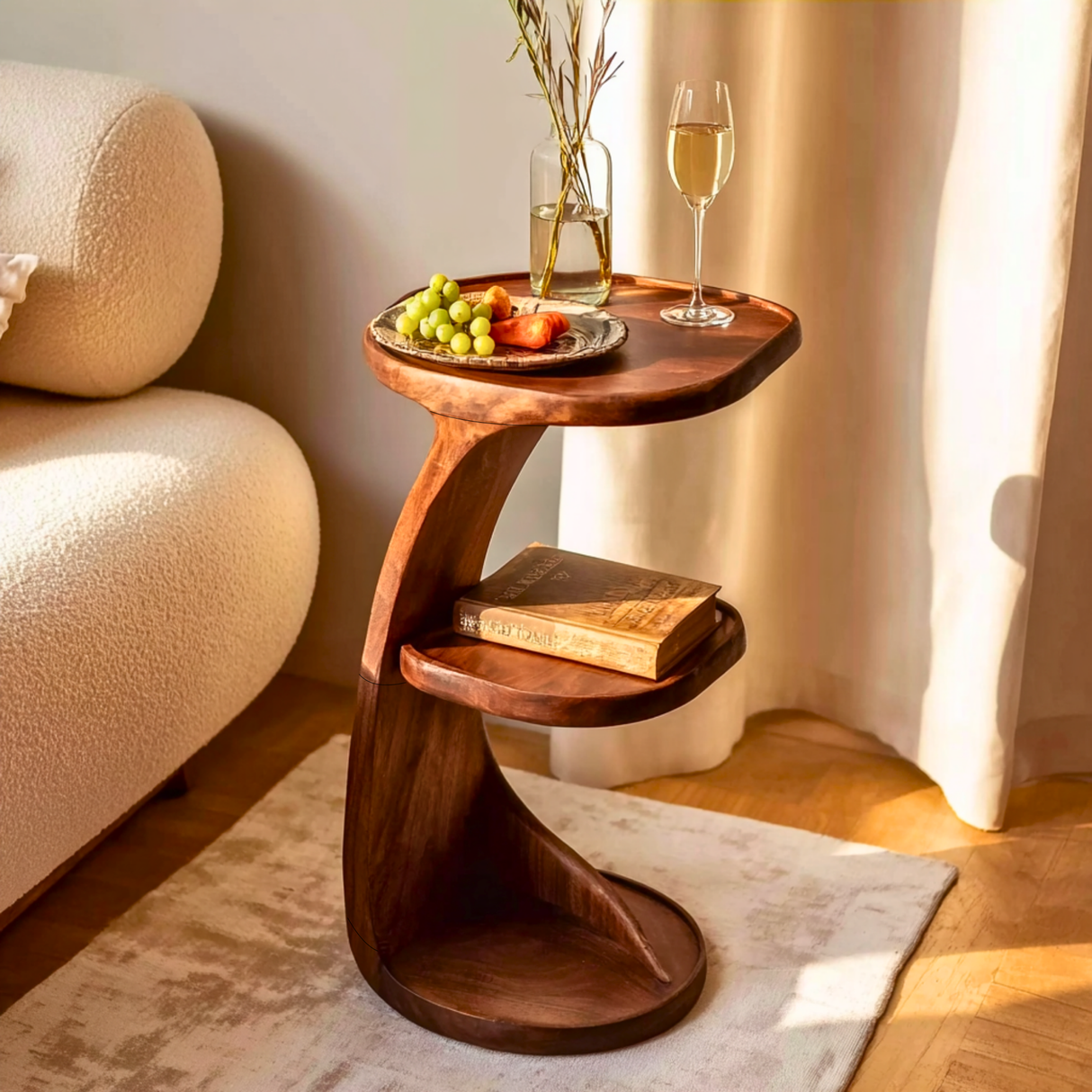 Curved Two Level Solid Wood Side Table for Living Room Decor