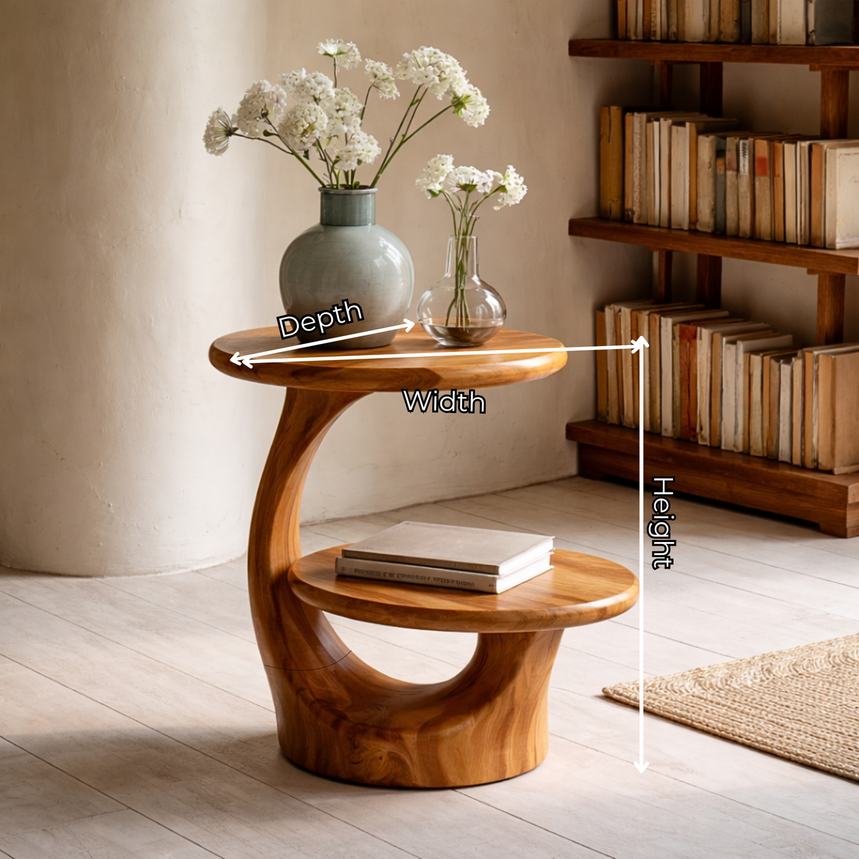 Two Tier Round Solid Wood Side Table for Living Room Decor