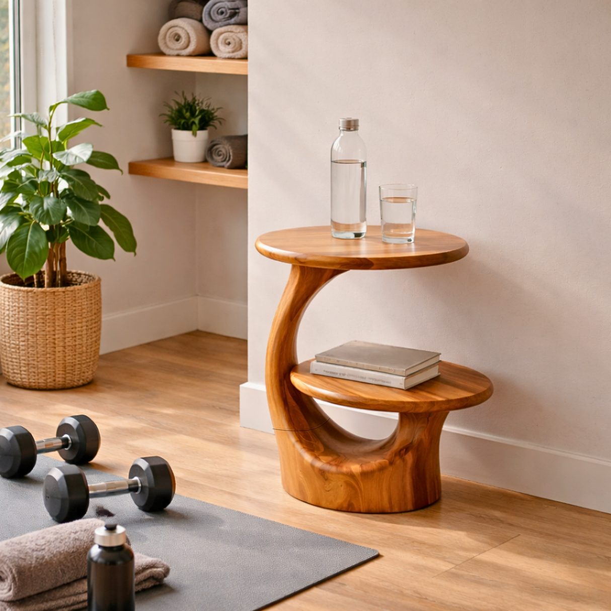Two Tier Round Solid Wood Side Table for Living Room Decor