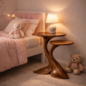 Sculptural Twin Tier Solid Wood Side Table with Whale Tail Base for Living Room