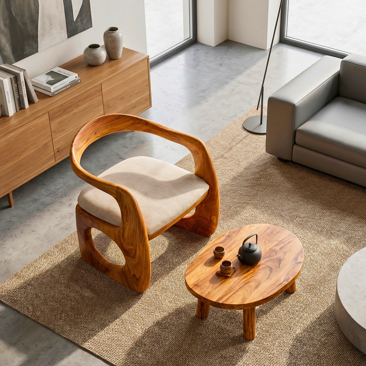 Sculptural Solid Wood Lounge Chair with Curved Organic Frame for Living Room