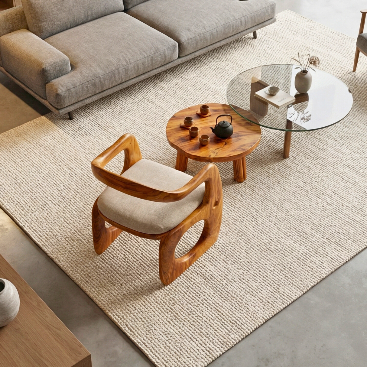 Sculptural Solid Wood Lounge Chair with Curved Organic Frame for Living Room