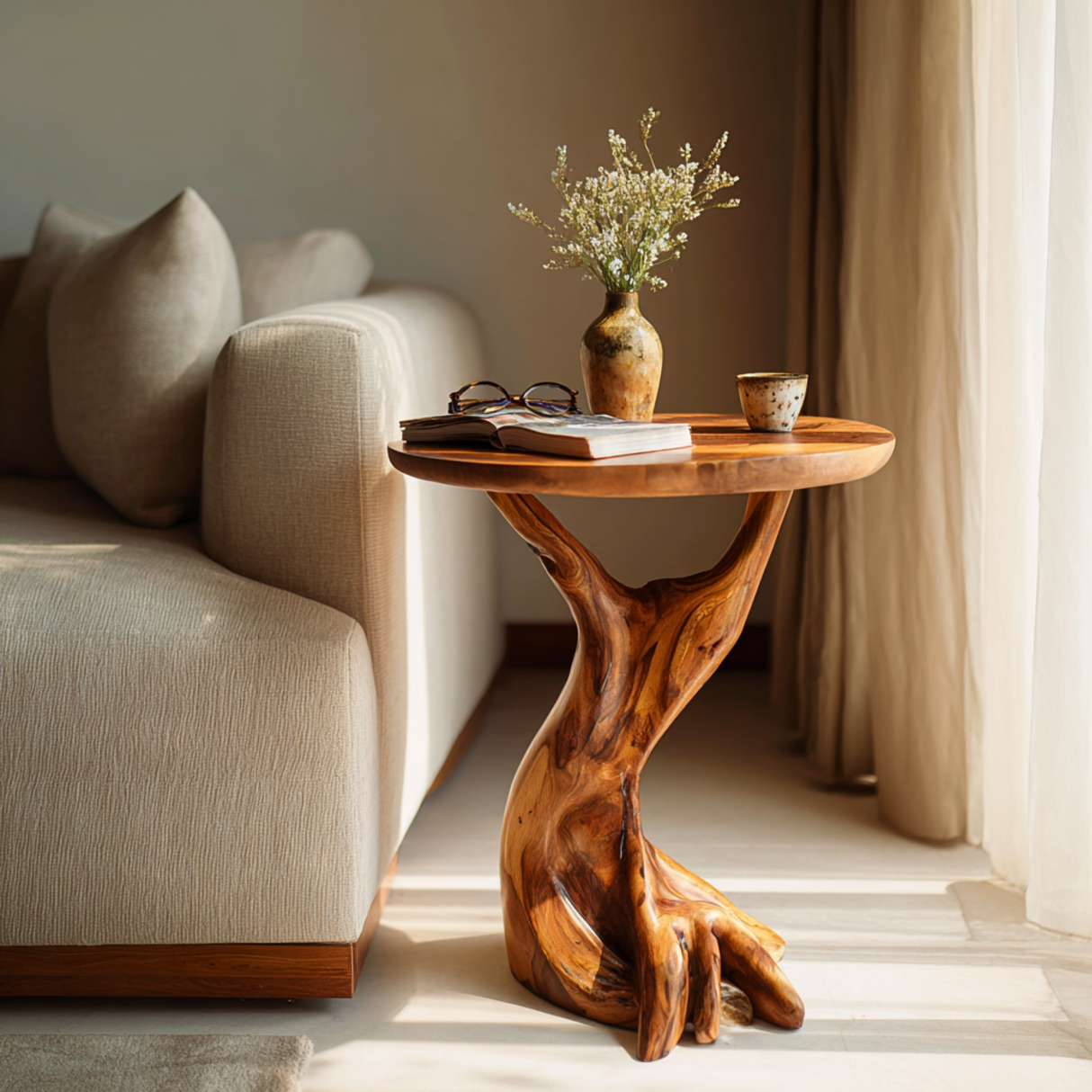 Root Form Solid Wood Accent Side Table with Round Top for Living Room Decor