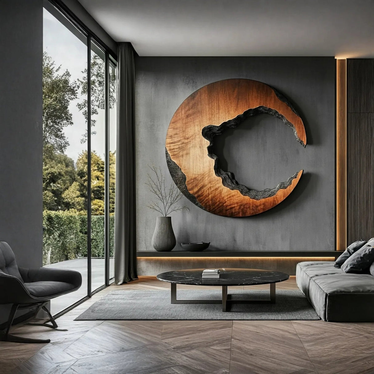 Carved Crescent Solid Wood Wall Sculpture for Contemporary Interiors