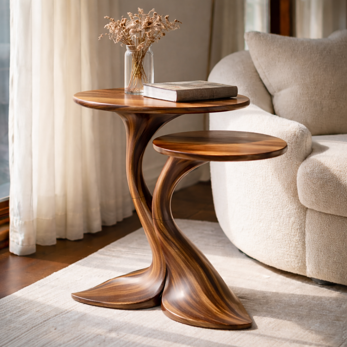 Sculptural Twin Tier Solid Wood Side Table with Whale Tail Base for Living Room