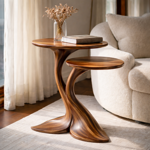 Sculptural Twin Tier Solid Wood Side Table with Whale Tail Base for Living Room