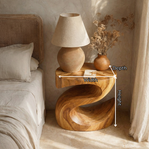 Handcrafted Solid Wood Bedside Table with Sculptural Curved Base for Bedroom