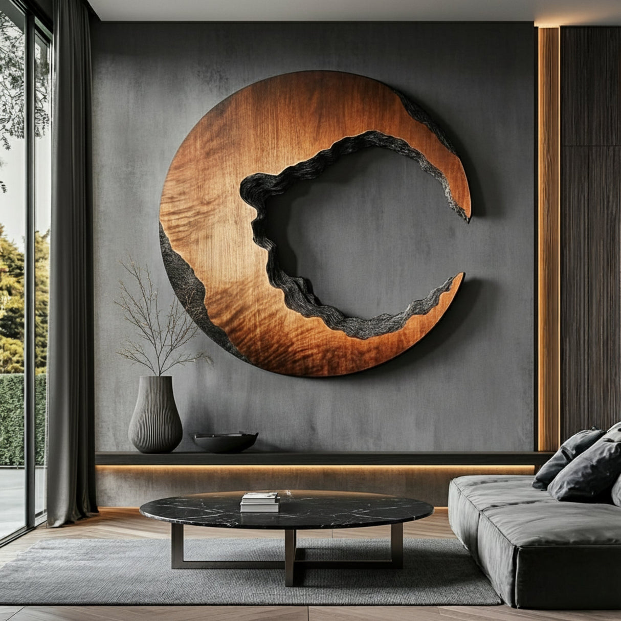 Carved Crescent Solid Wood Wall Sculpture for Contemporary Interiors
