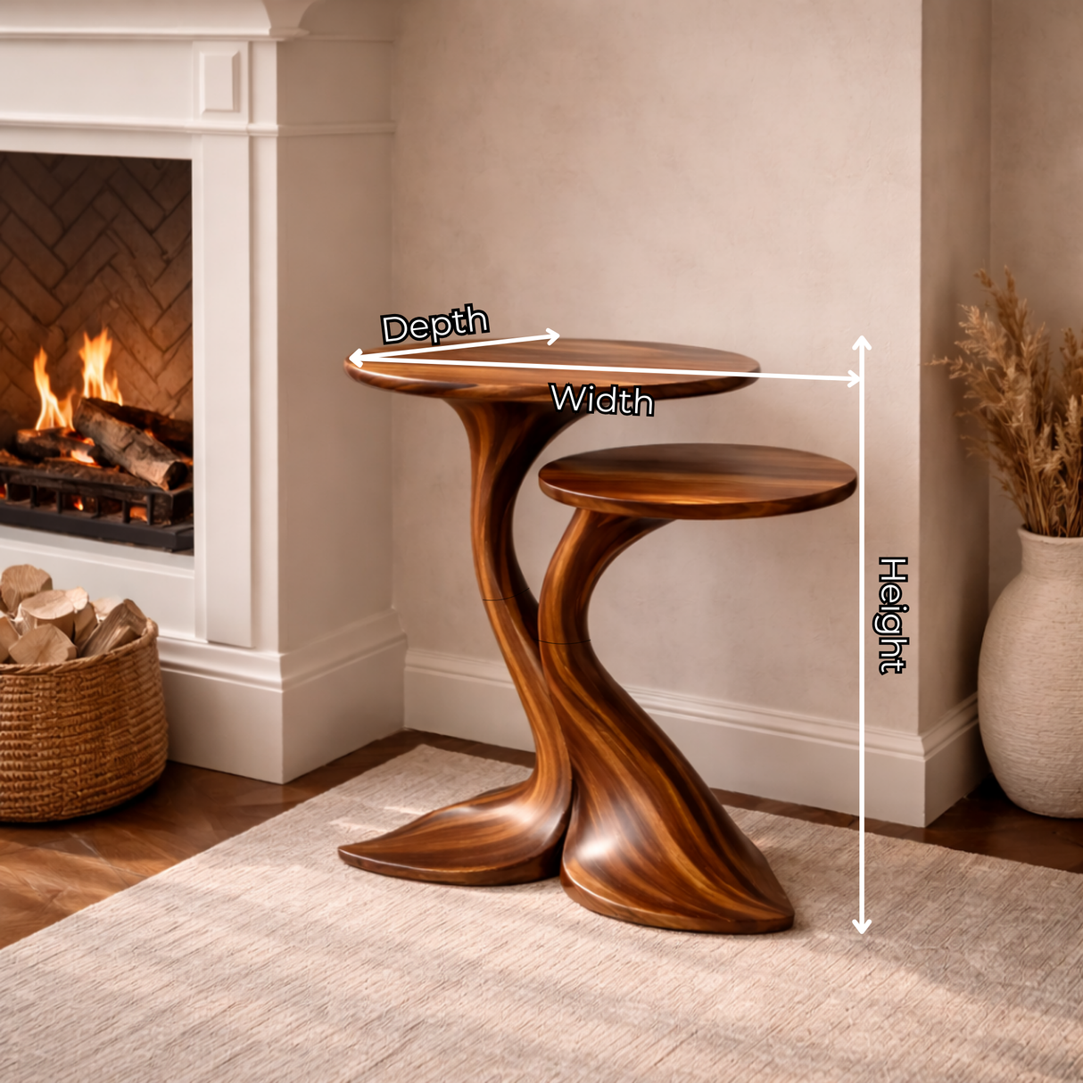 Sculptural Twin Tier Solid Wood Side Table with Whale Tail Base for Living Room