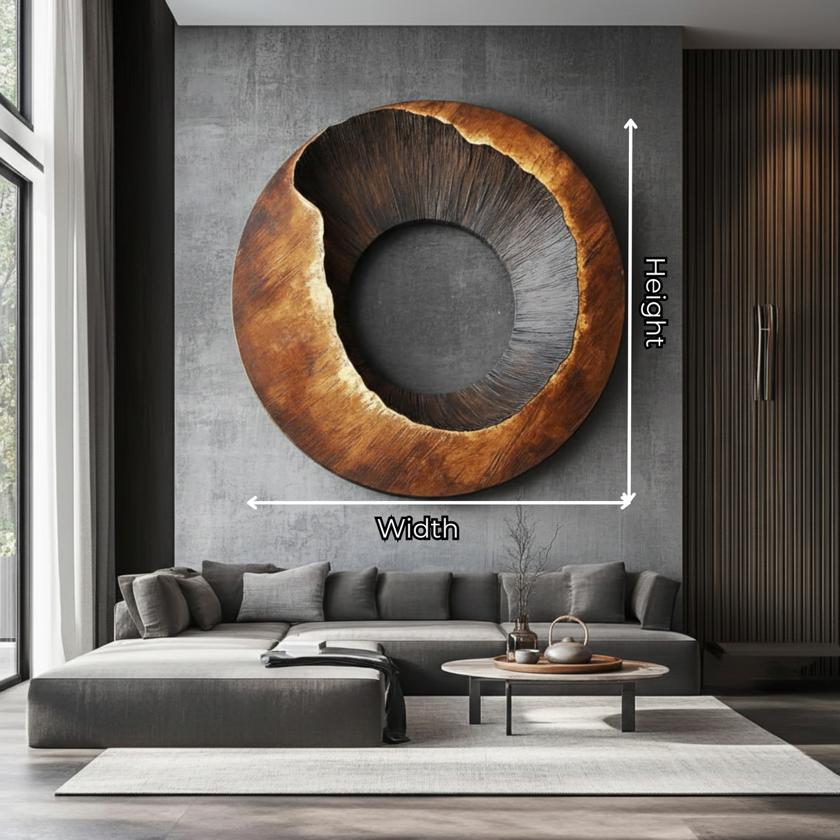 Round Wood Wall Sculpture with Open Center and Carved Interior Texture