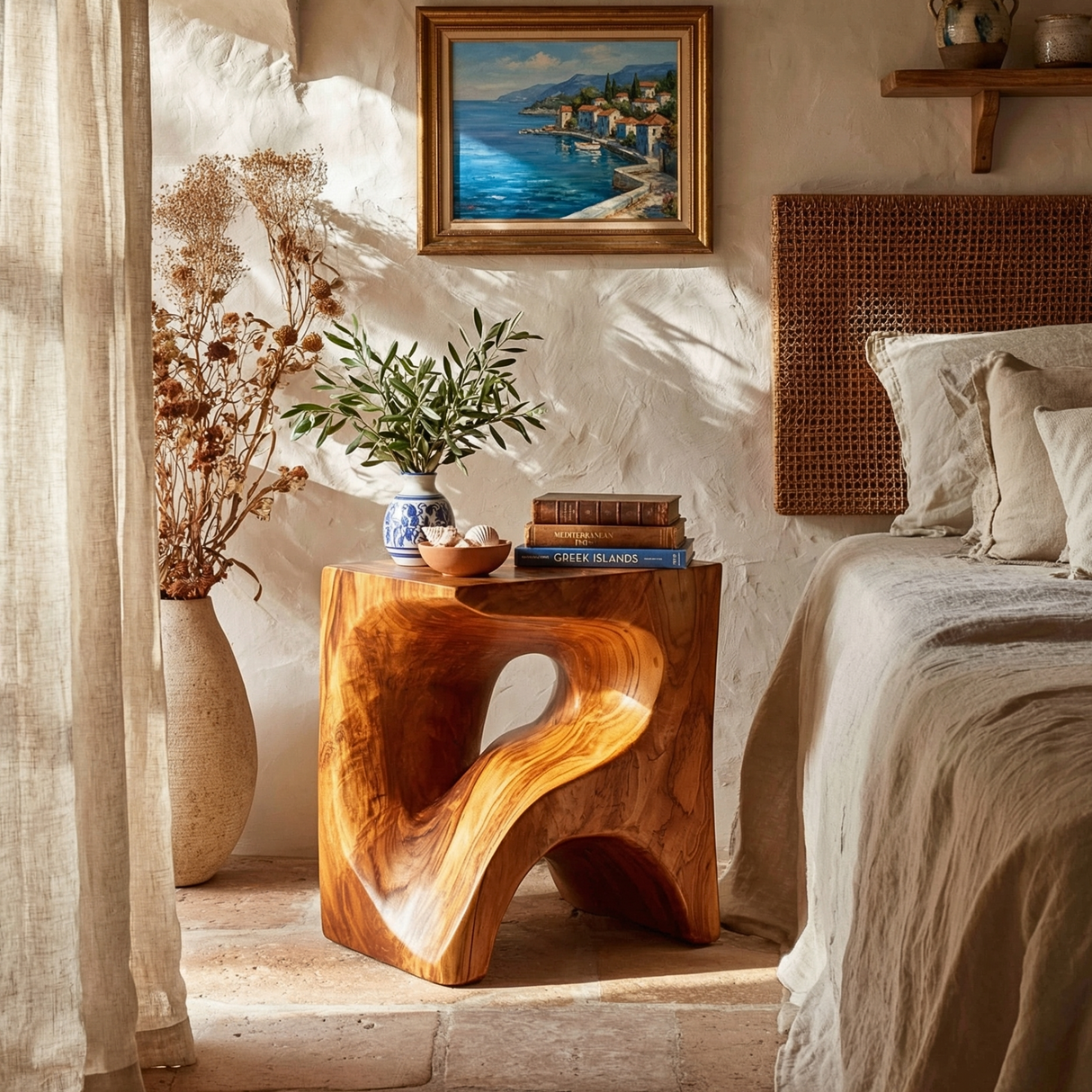 Handcrafted Solid Wood Bedside Table with Sculptural Open Base for Bedroom
