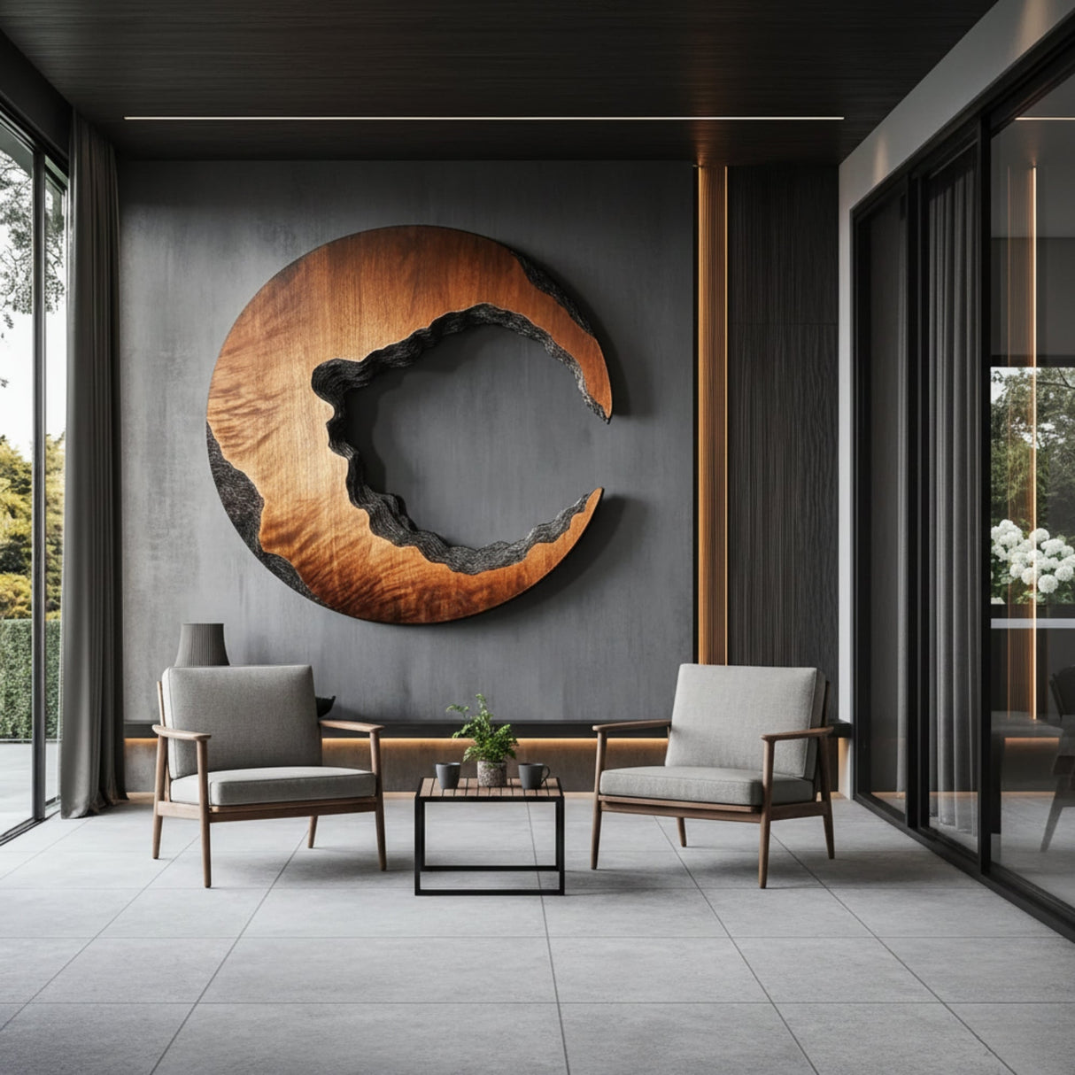 Carved Crescent Solid Wood Wall Sculpture for Contemporary Interiors