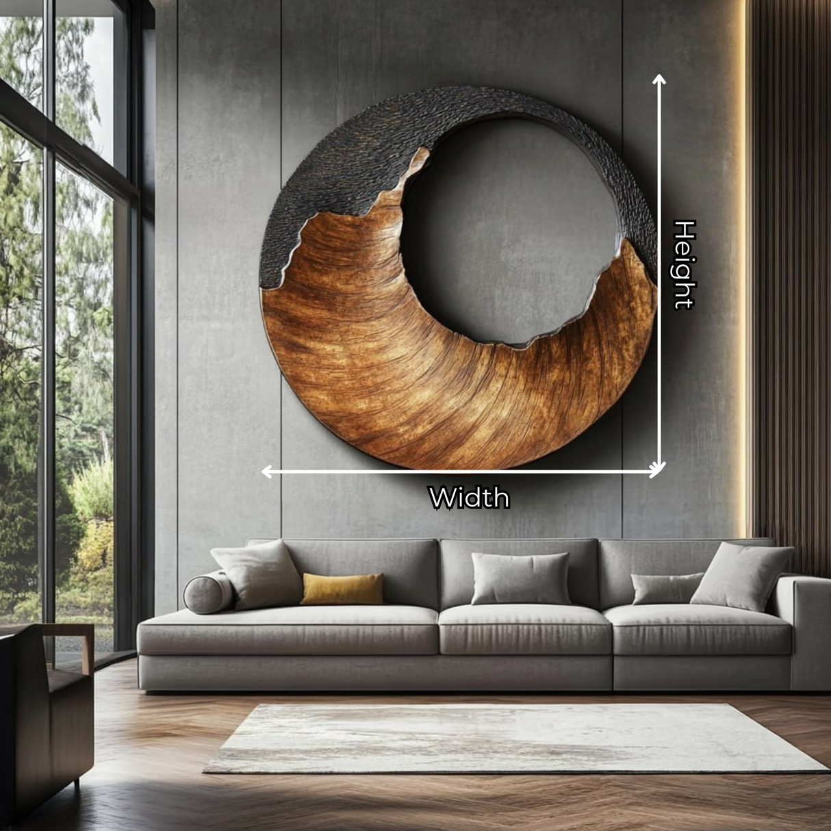 Large Circular Solid Wood Wall Sculpture with Black Crest Wave for Modern Living Rooms