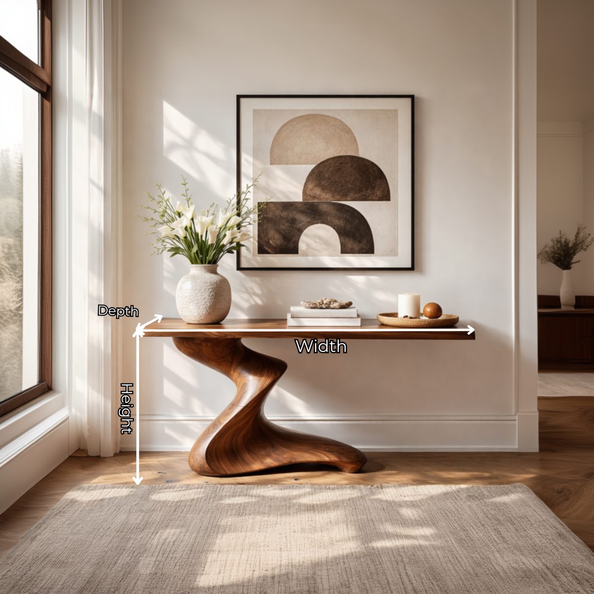 Low Spiral Sculptural Solid Wood Console Table with Grounded Sweep Base