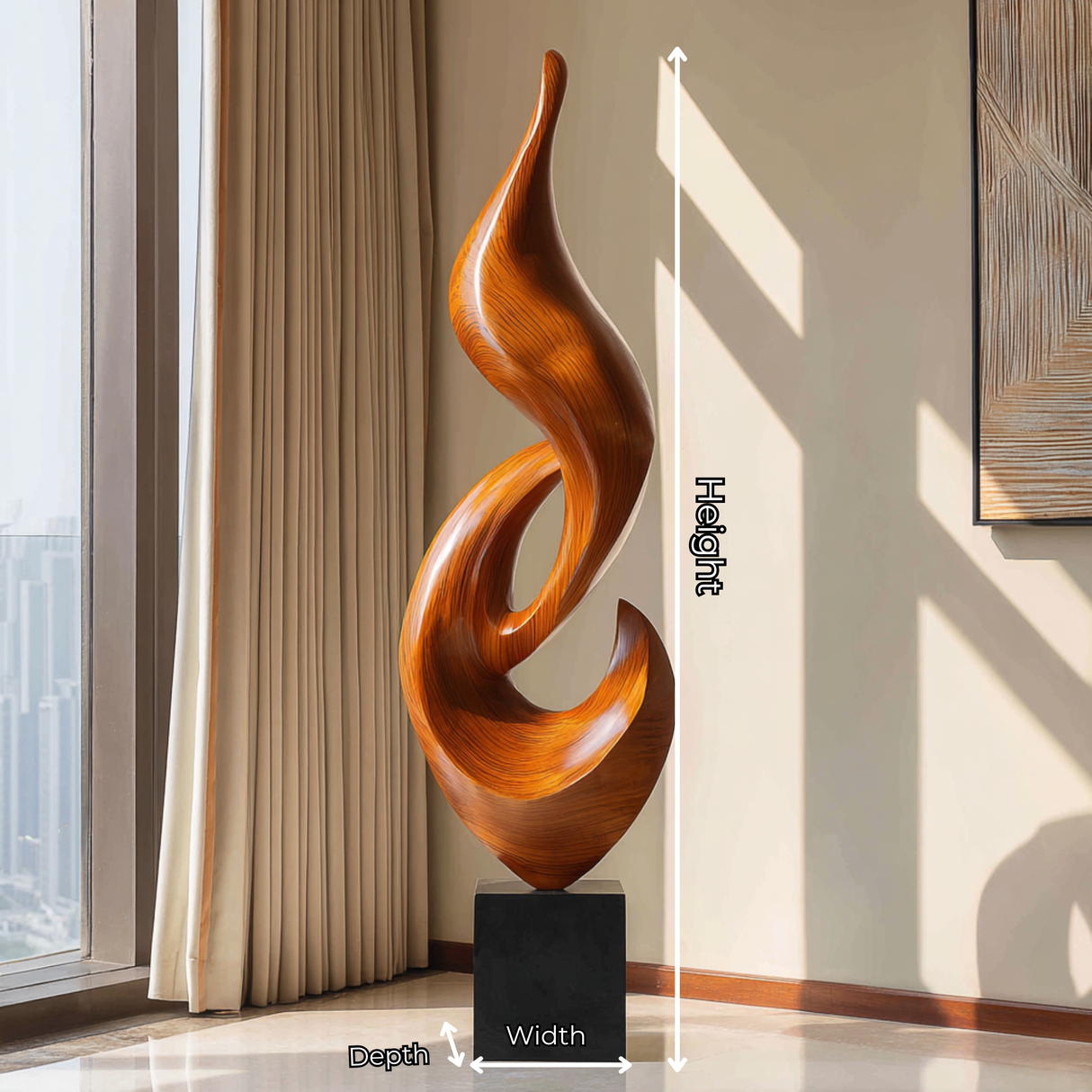 Tall Solid Wood Abstract Flame Floor Sculpture with Plinth for Modern Interiors