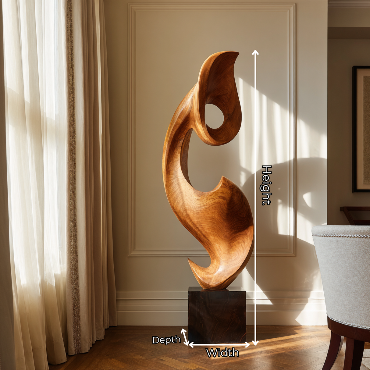 Tall Solid Wood Abstract Floor Sculpture with Plinth for Modern Interiors