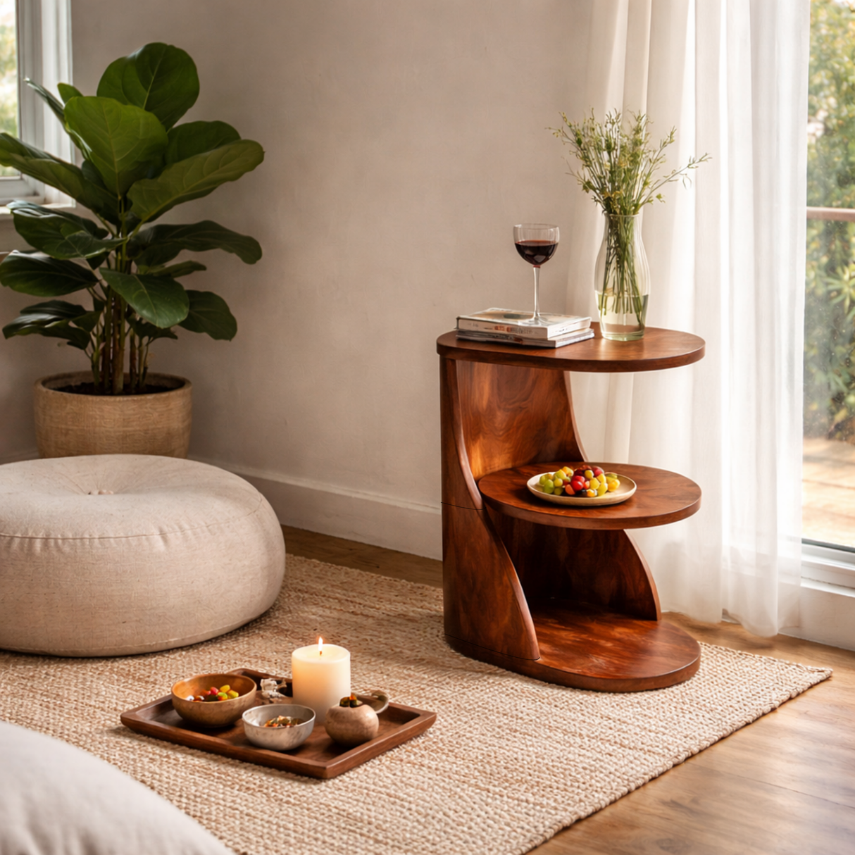 Curved Two Tier Solid Wood Side Table with Open Storage Shelf for Living Room Use