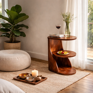 Curved Two Tier Solid Wood Side Table with Open Storage Shelf for Living Room Use