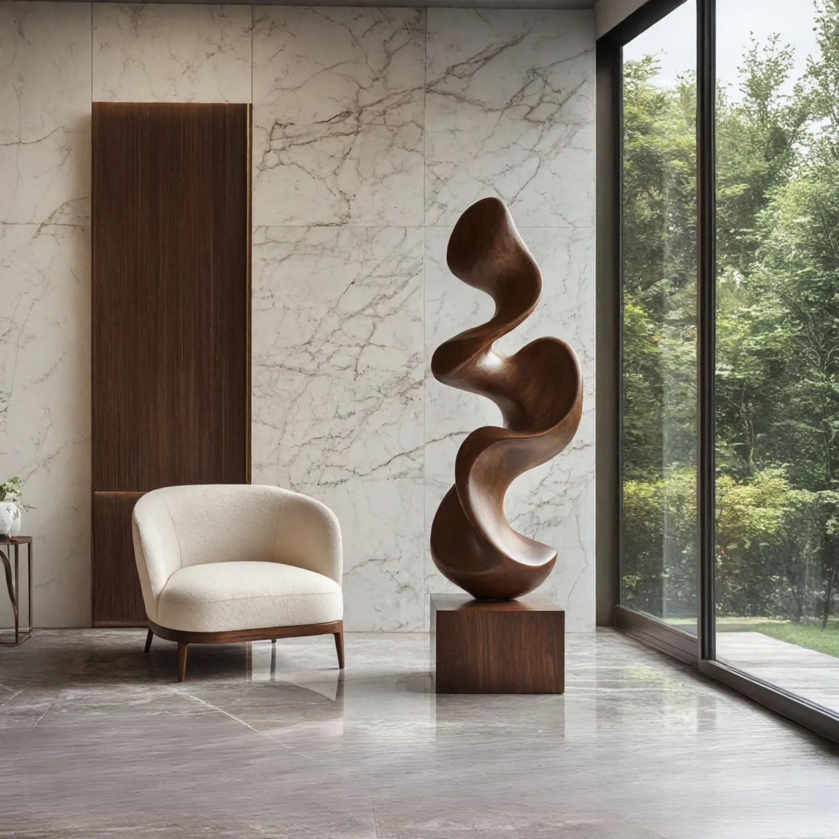 Abstract Solid Wood Floor Sculpture for Modern Organic Living Room Interiors