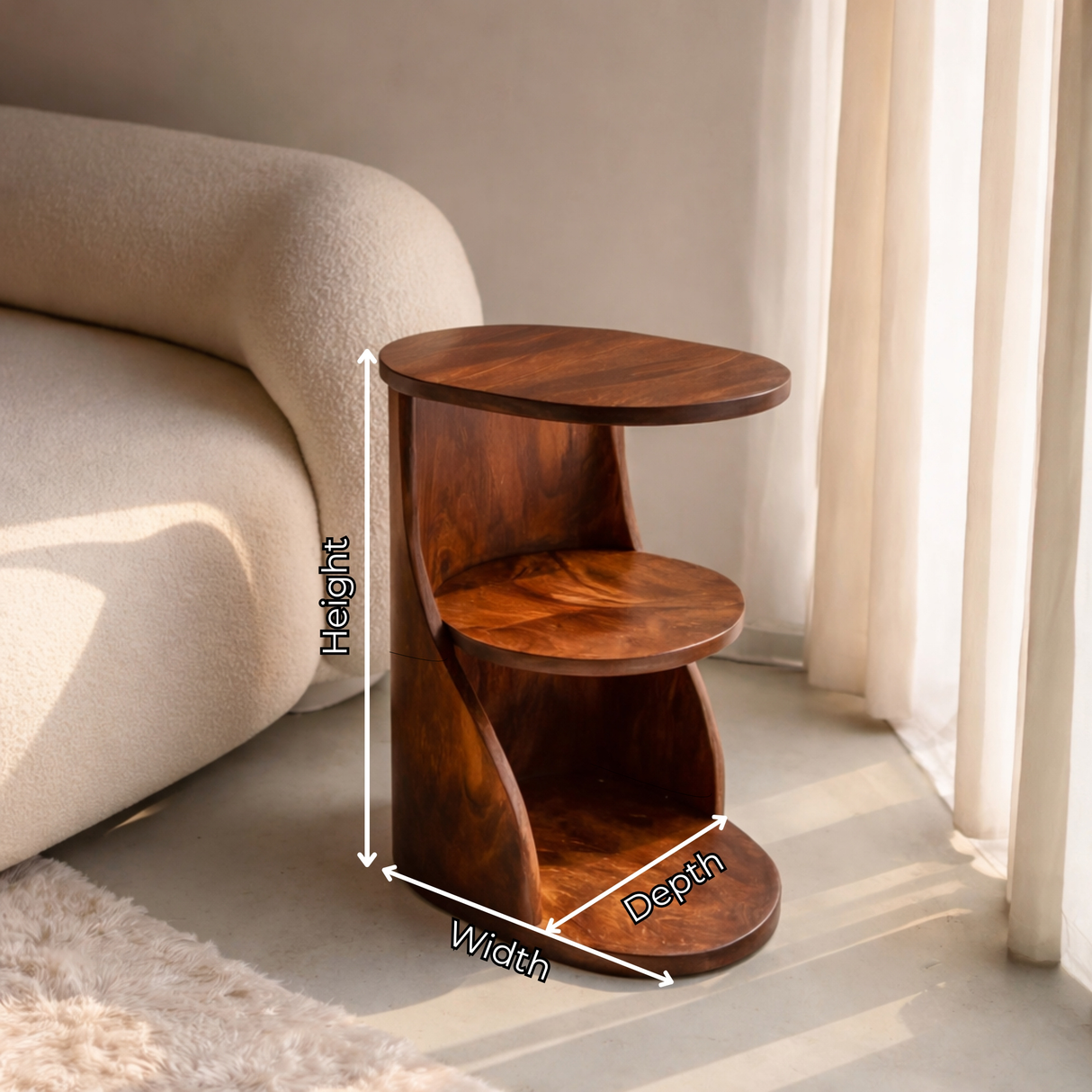 Curved Two Tier Solid Wood Side Table with Open Storage Shelf for Living Room Use
