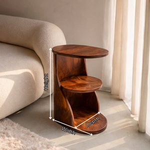 Curved Two Tier Solid Wood Side Table with Open Storage Shelf for Living Room Use