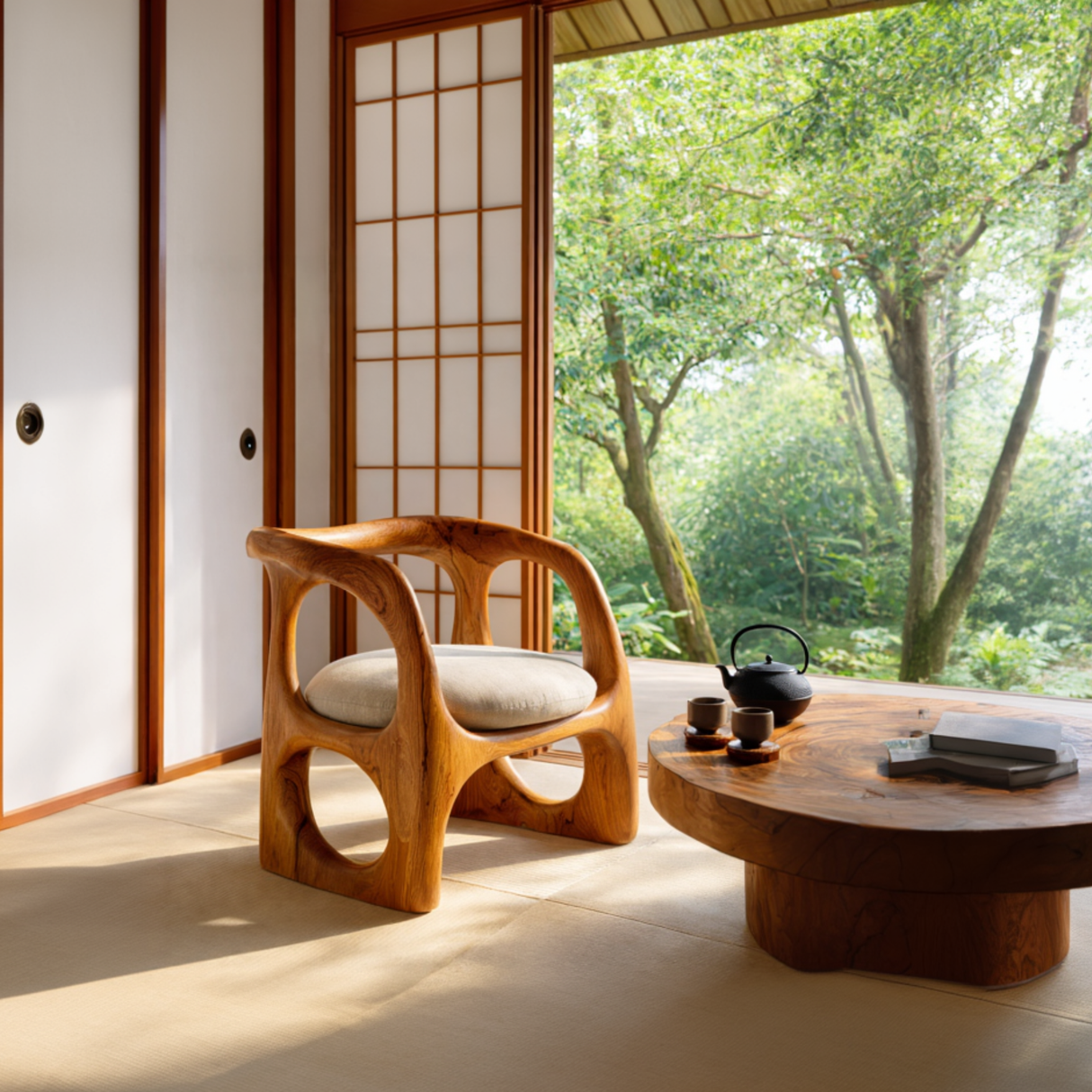Organic Solid Wood Lounge Chair with Sculpted Frame for Living Room Reading Corner or Tea Room