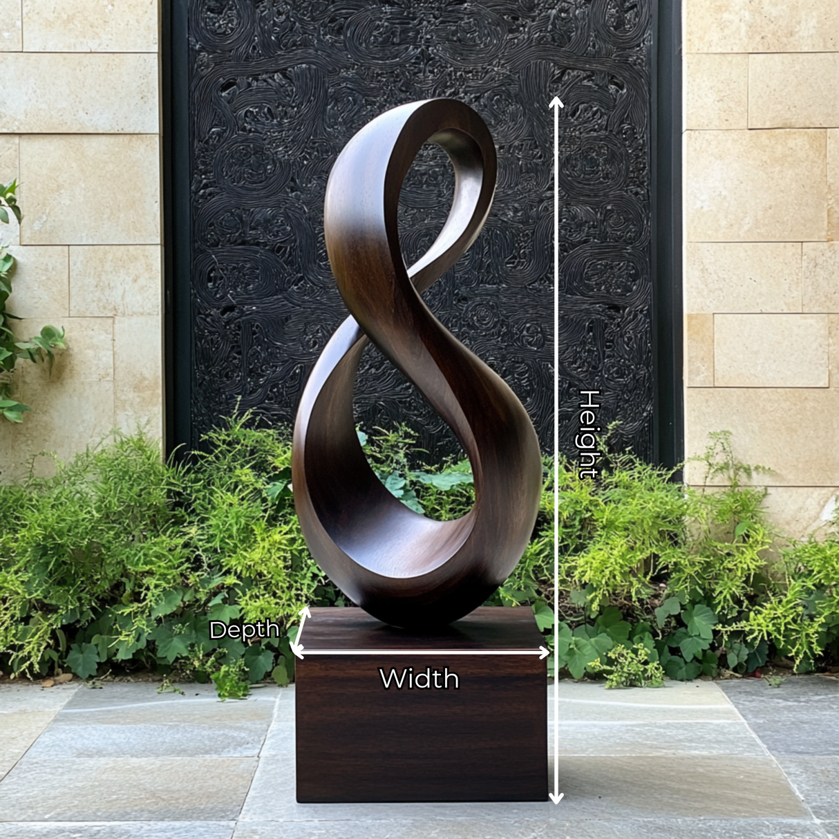 Tall Solid Wood Infinity Loop Sculpture with Plinth for Modern Spaces