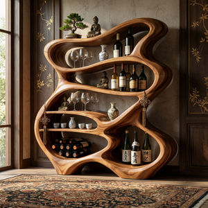 Handcrafted Solid Wood Bar Cabinet with Organic Open Shelves for Living Room